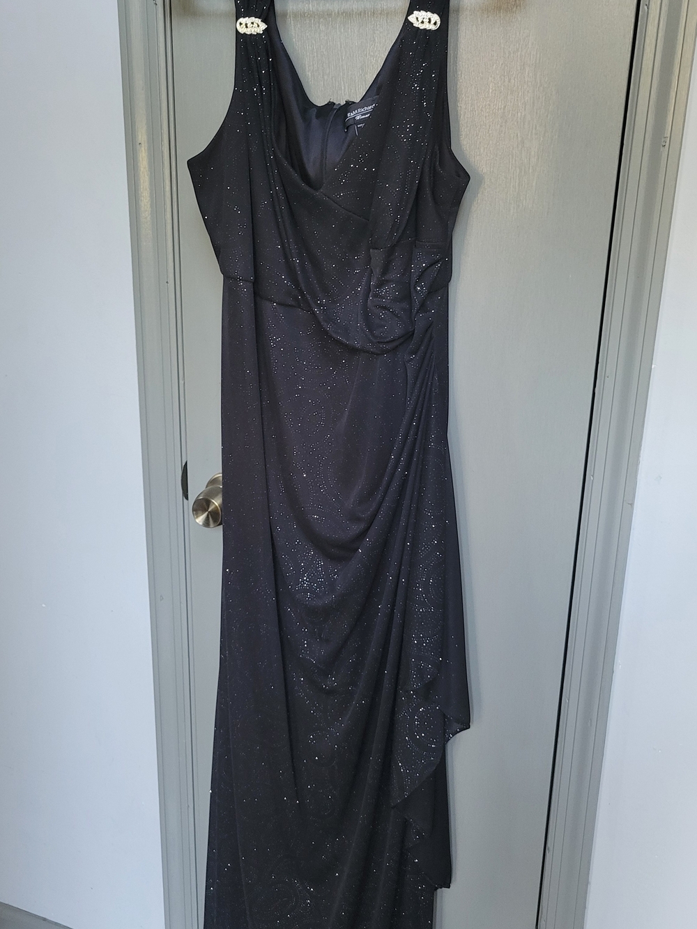 R&M Richards Black Sparkle Draped Maxi Dress